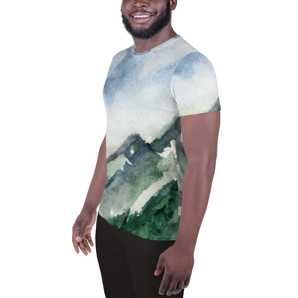 Mens Stretch Fit Athletic Sports T-shirt, Green Mountainside Nature