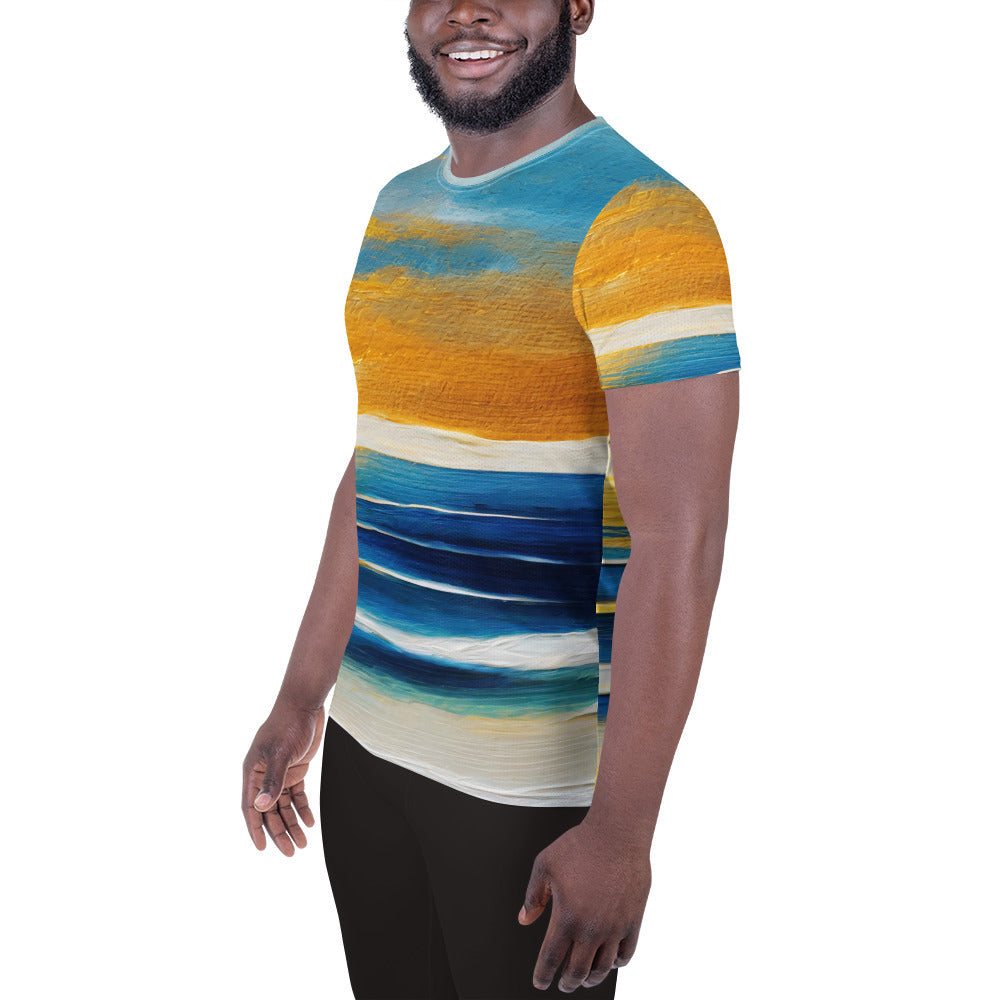 Mens Stretch Fit Athletic Sports T-shirt, Blue Ocean Golden Sunset 3