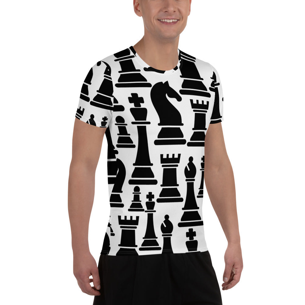 Mens Stretch Fit Athletic Sports T-shirt, Black and White Chess Print