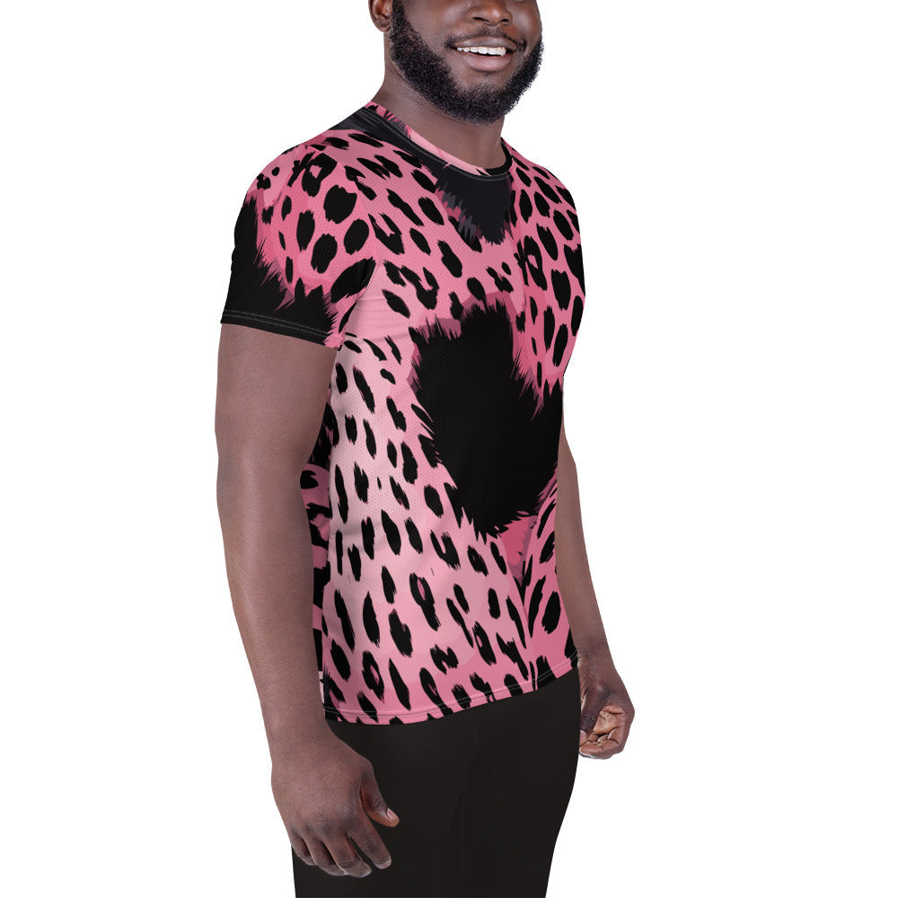 Mens Stretch Fit Athletic Sports T-shirt, Pink Black Spotted Print