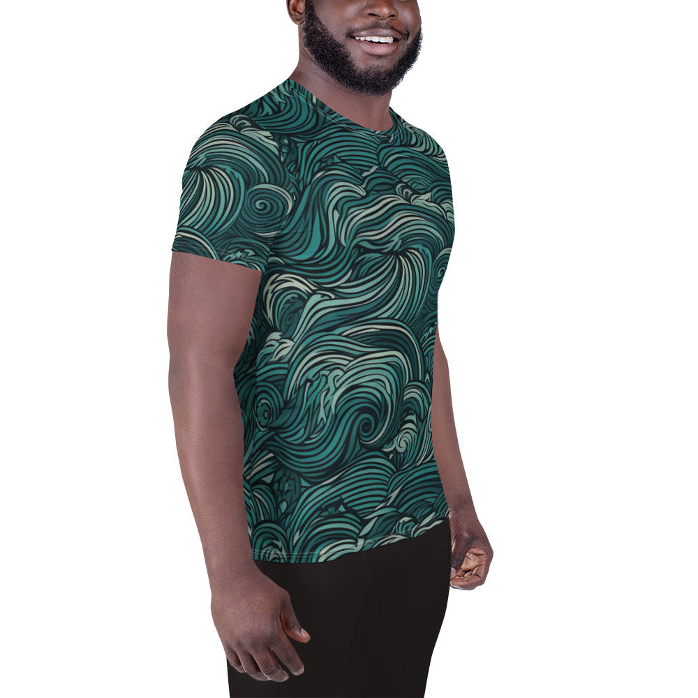 Mens Stretch Fit Athletic Sports T-shirt, Mint Green Water Wave Print