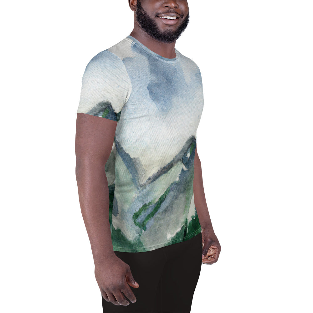 Mens Stretch Fit Athletic Sports T-shirt, Green Mountainside Nature