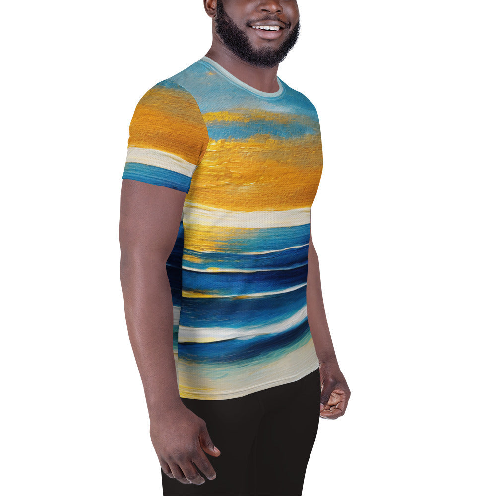 Mens Stretch Fit Athletic Sports T-shirt, Blue Ocean Golden Sunset 3