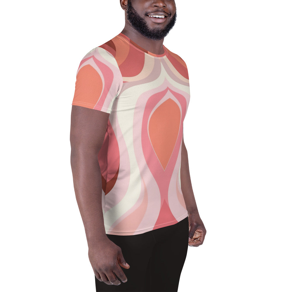 Mens Stretch Fit Athletic Sports T-shirt, Pink White Boho Swirl Lines