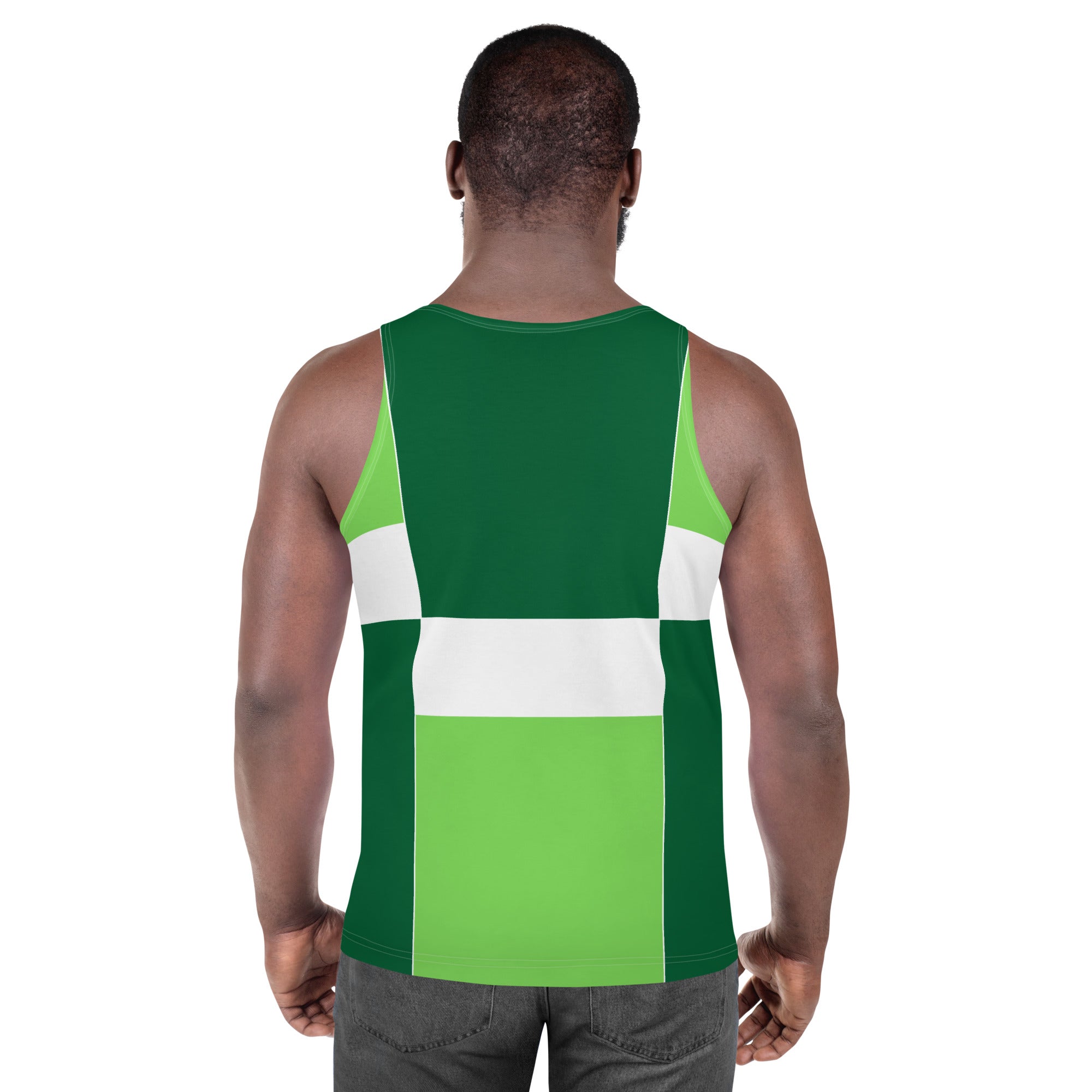 Mens Stretch Fit Tank Top, Green White Colorblock Grid Lines