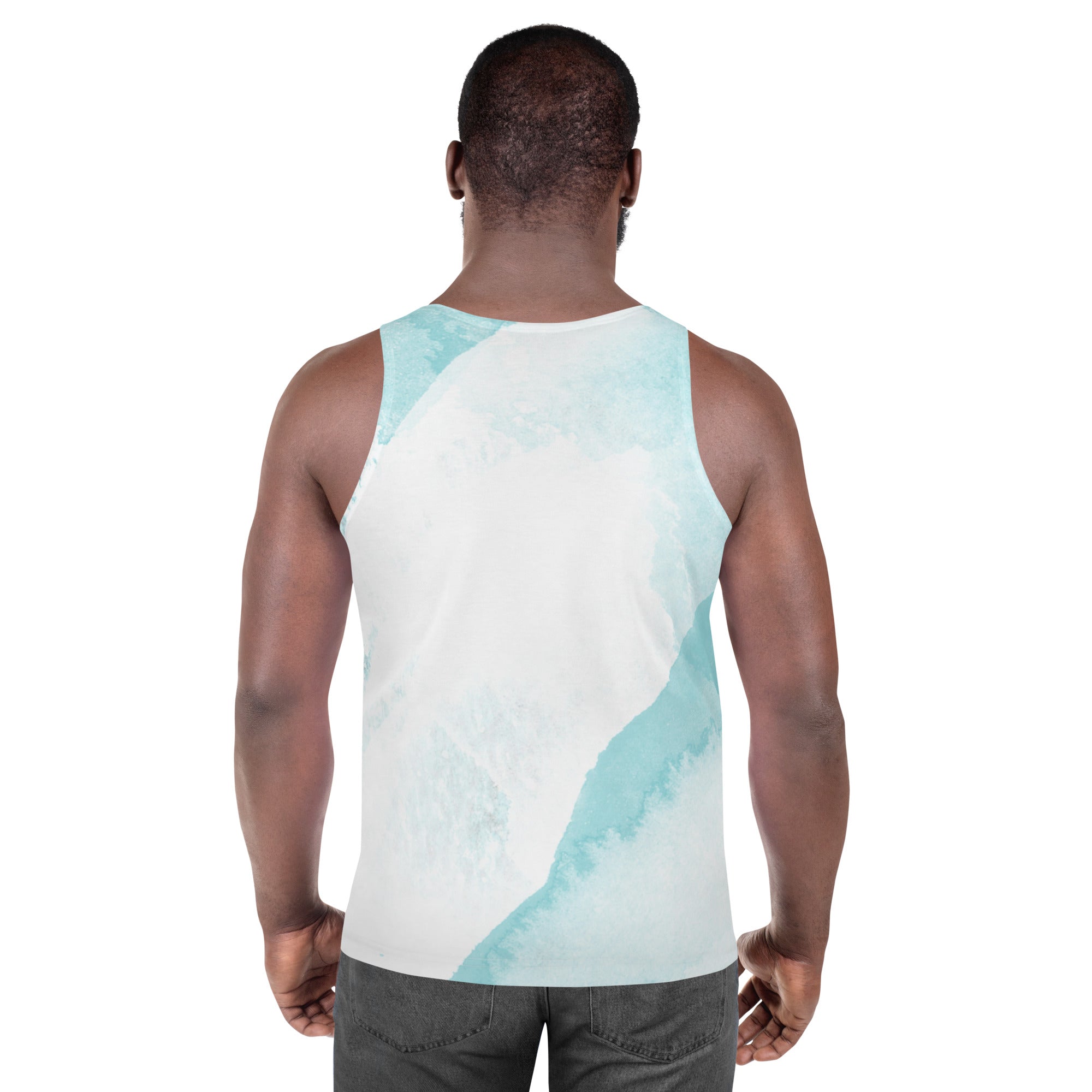 Mens Stretch Fit Tank Top, Subtle Abstract Ocean Blue and White Print