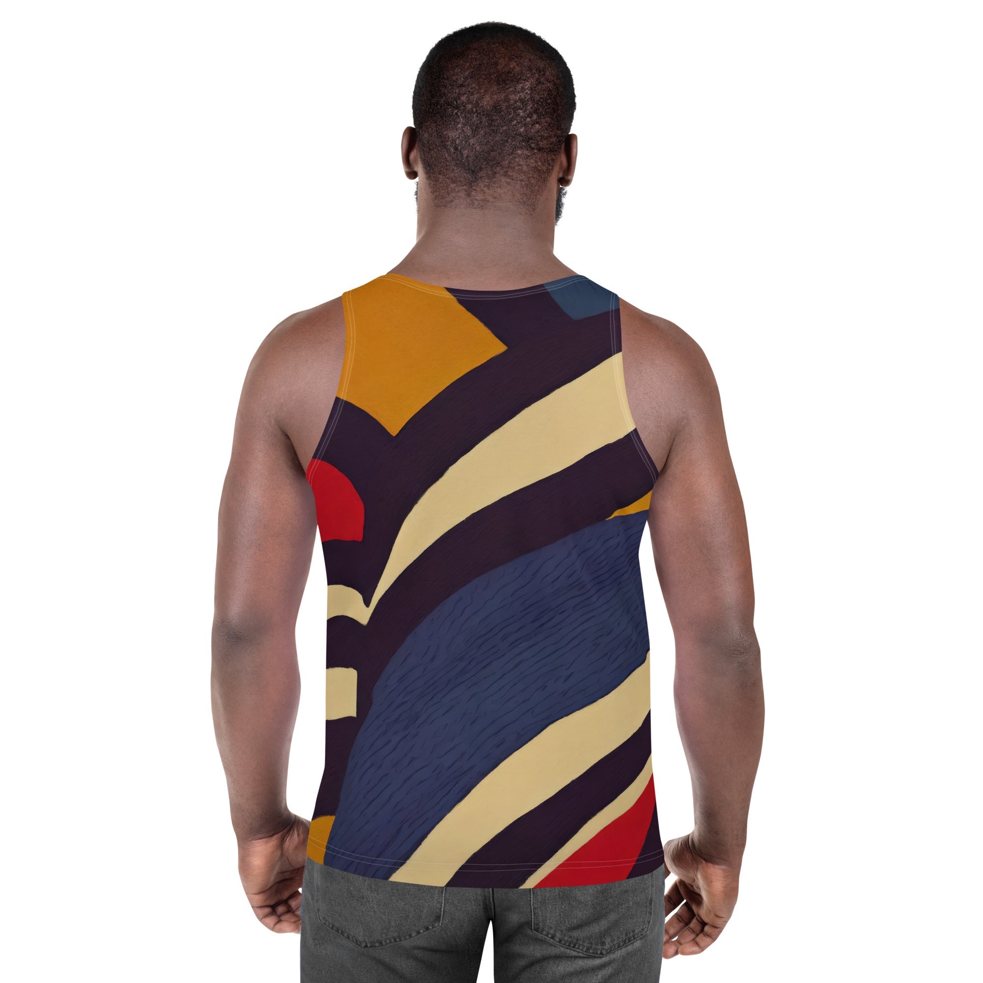 Mens Stretch Fit Tank Top, Brown Red Blue Colorblock Lines