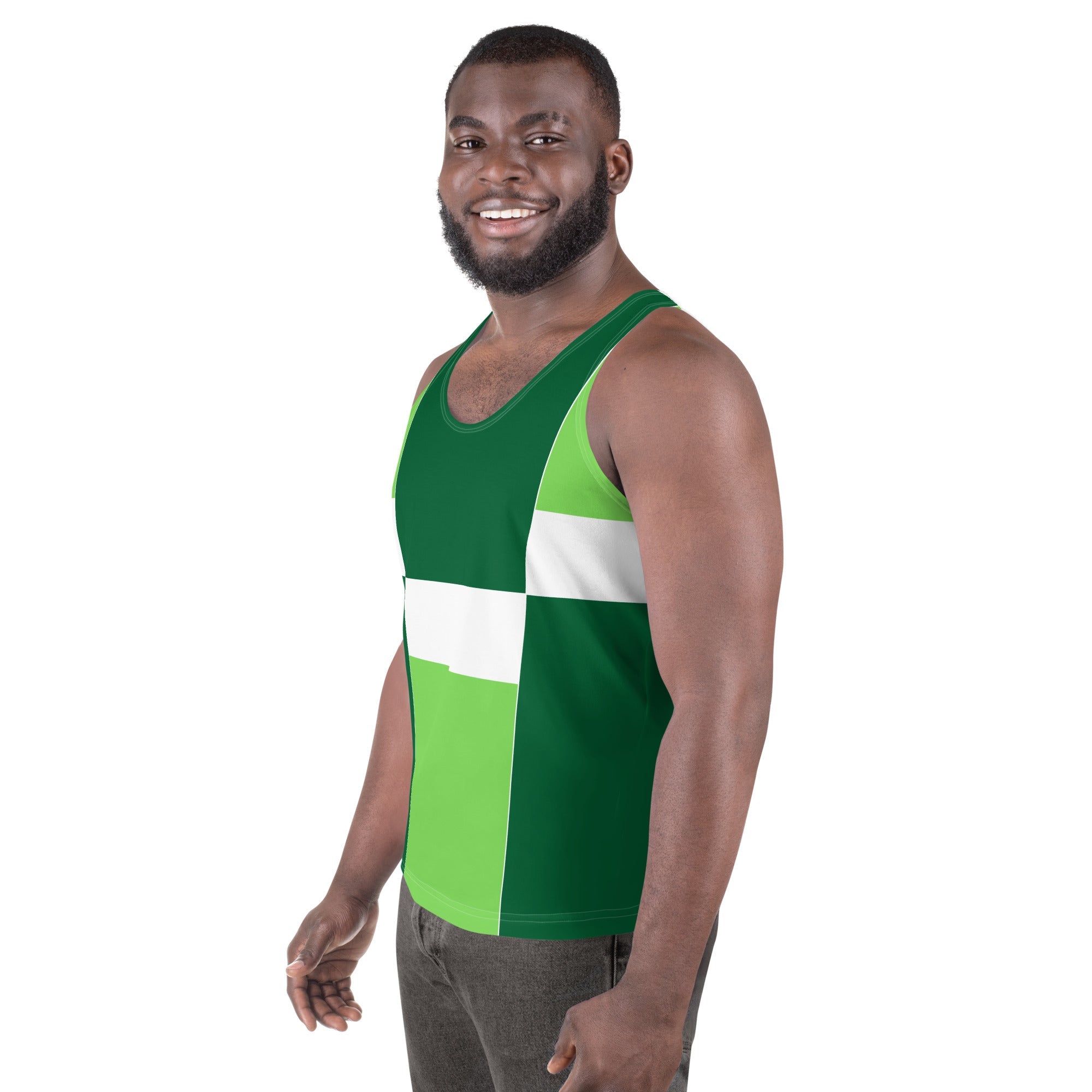 Mens Stretch Fit Tank Top, Green White Colorblock Grid Lines