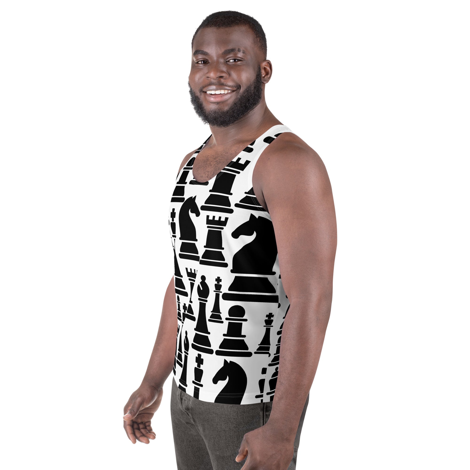 Mens Stretch Fit Tank Top, Black and White Chess Print