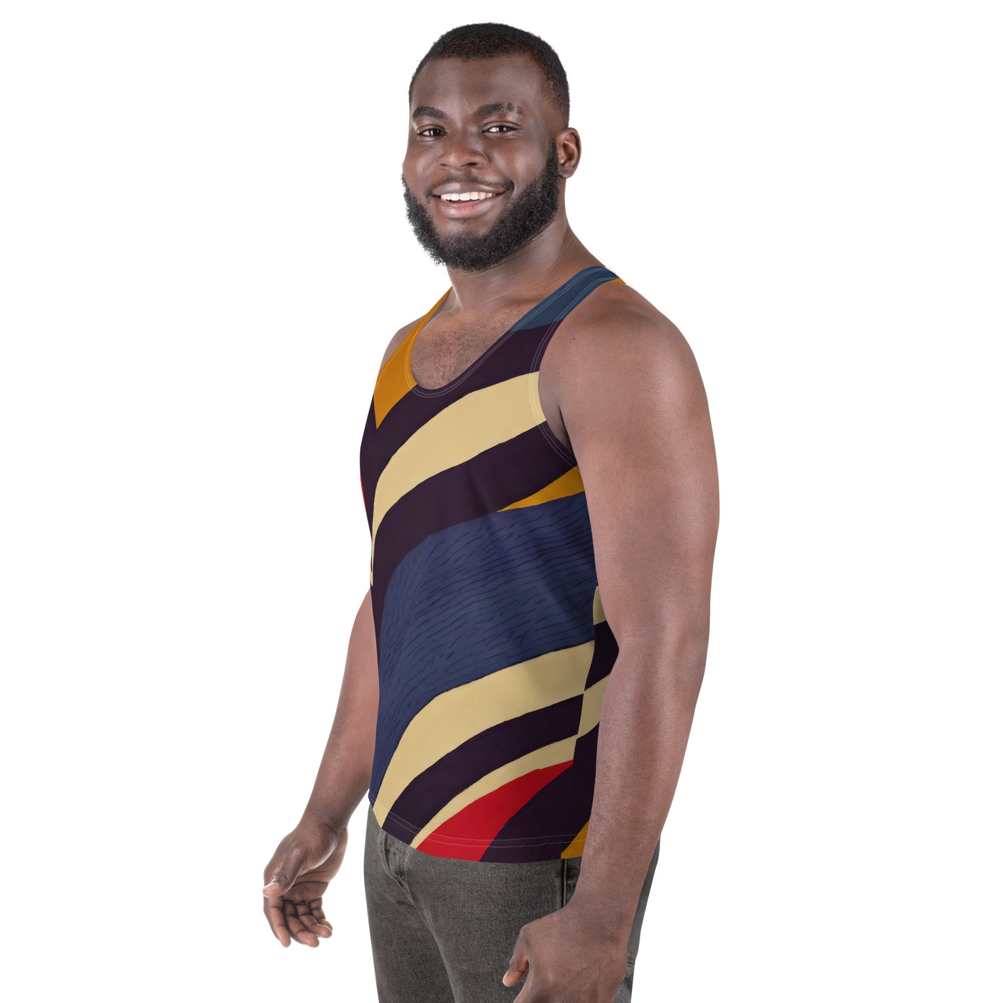 Mens Stretch Fit Tank Top, Brown Red Blue Colorblock Lines
