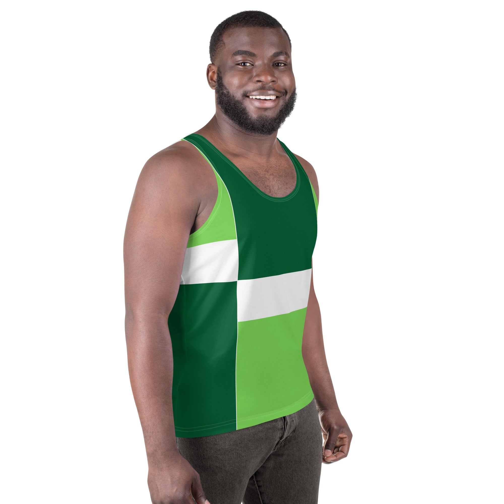 Mens Stretch Fit Tank Top, Green White Colorblock Grid Lines
