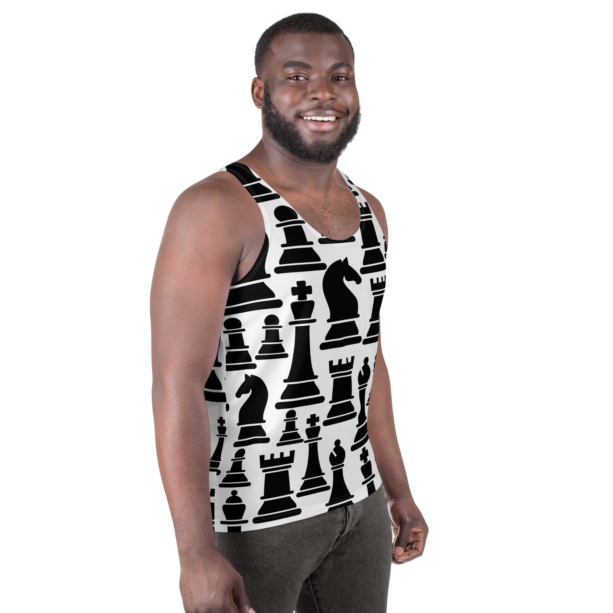 Mens Stretch Fit Tank Top, Black and White Chess Print