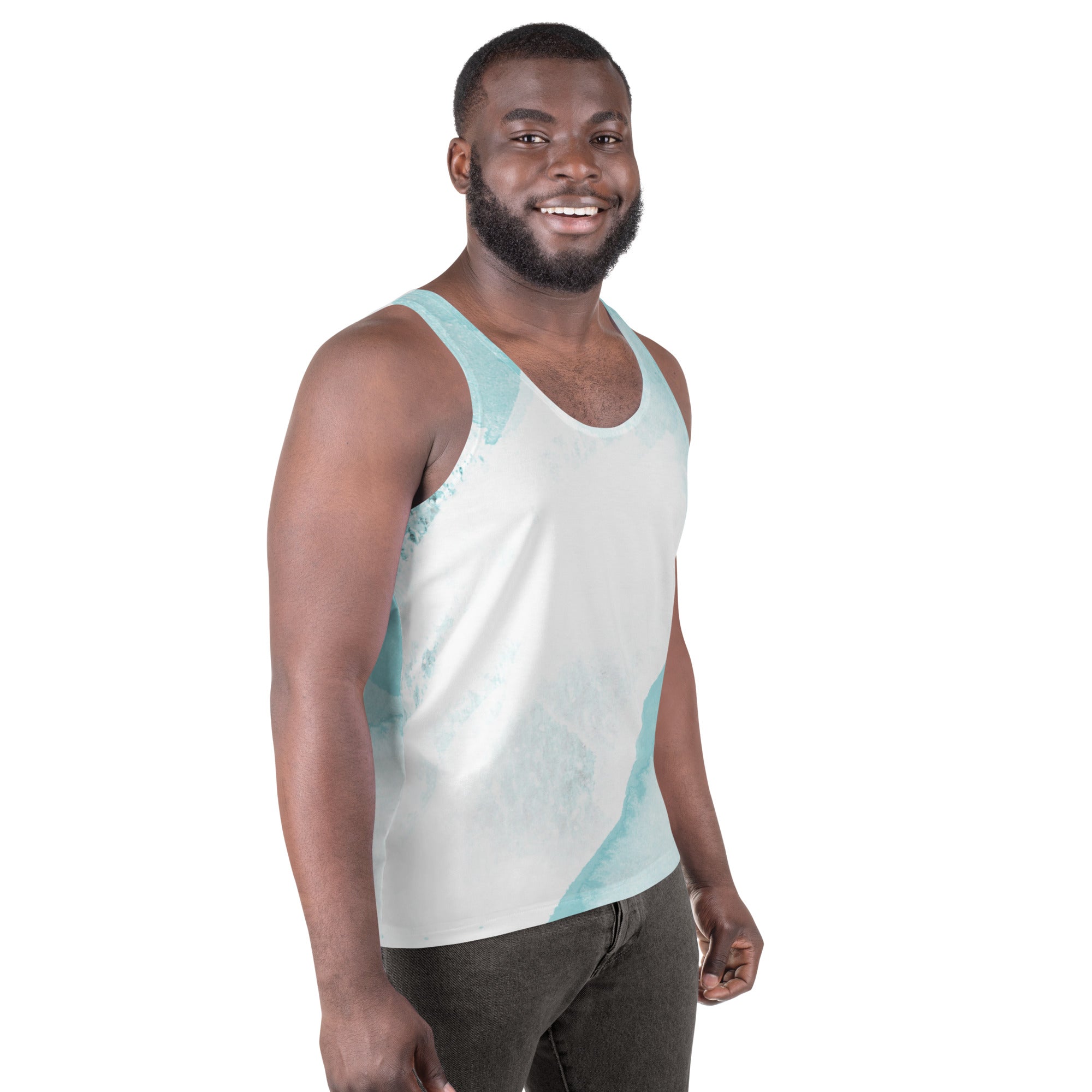 Mens Stretch Fit Tank Top, Subtle Abstract Ocean Blue and White Print