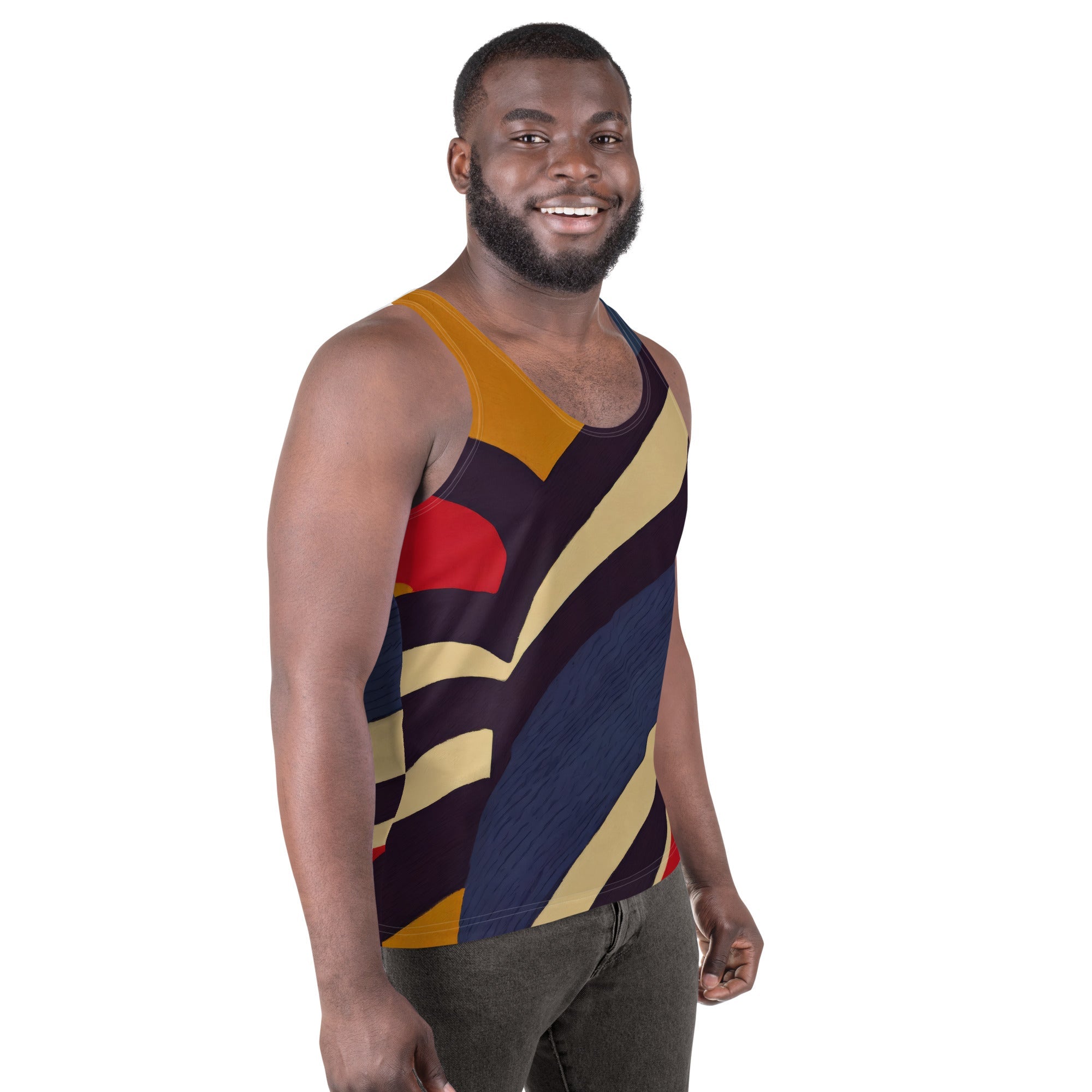 Mens Stretch Fit Tank Top, Brown Red Blue Colorblock Lines