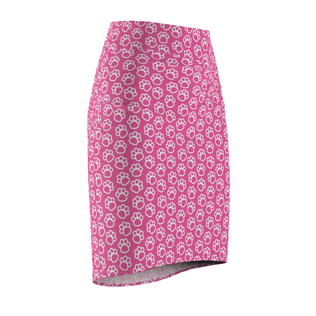 Womens Pencil Skirt, Pink and White Paws Stretch Mini, S294025