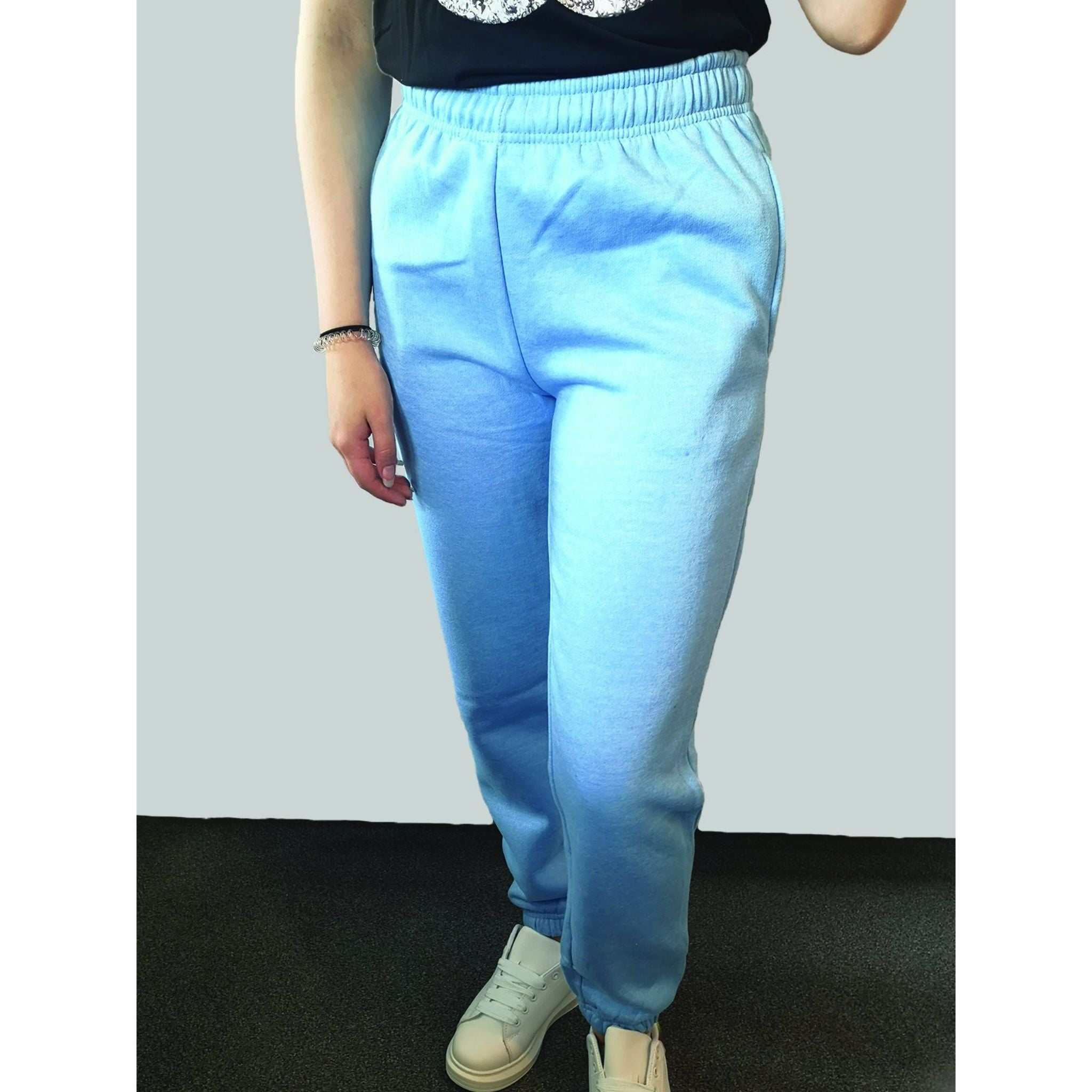 Elastic waist drawstring joggers in blue with side pockets and comfy fit.