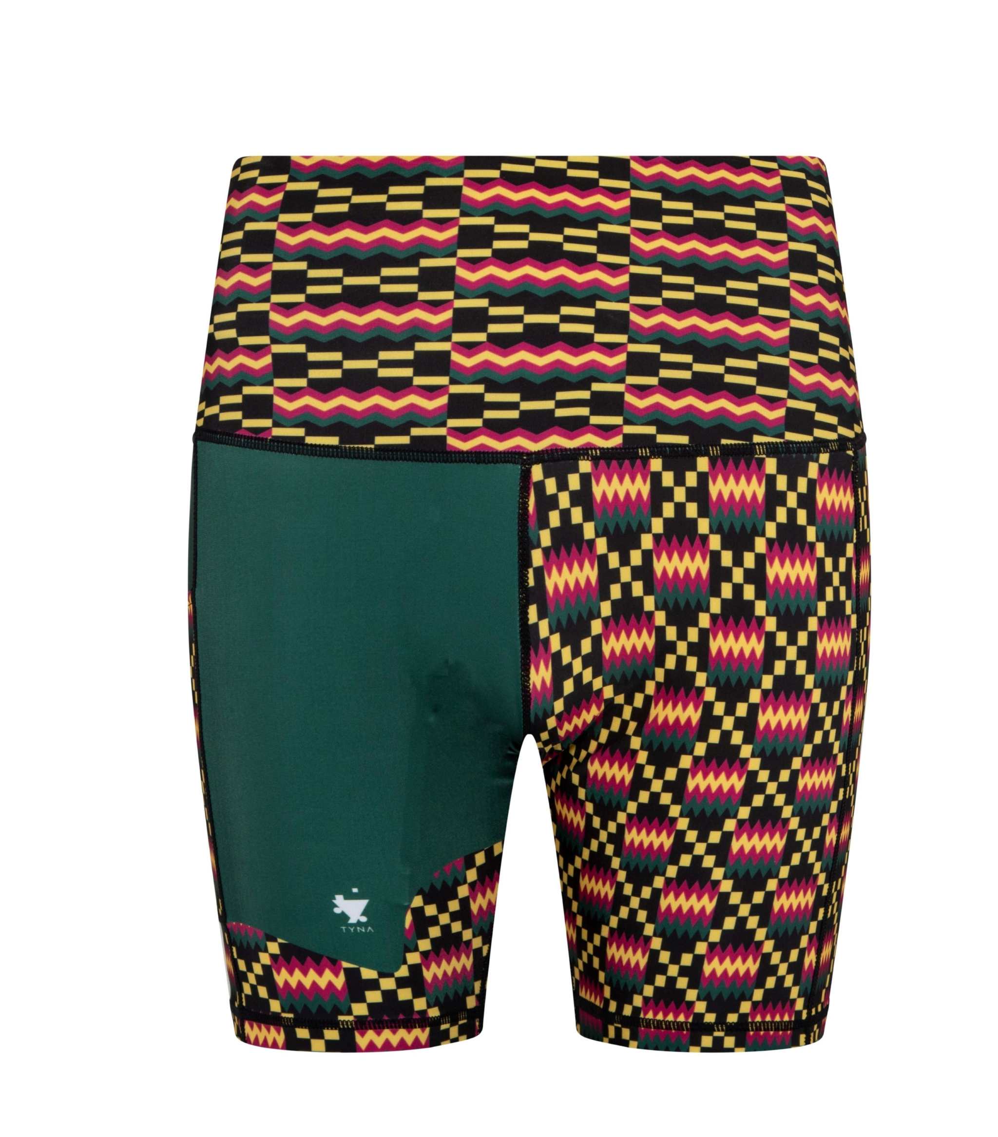 Kayentee High Rise Biker Shorts with Kente-inspired pattern and side phone pocket.