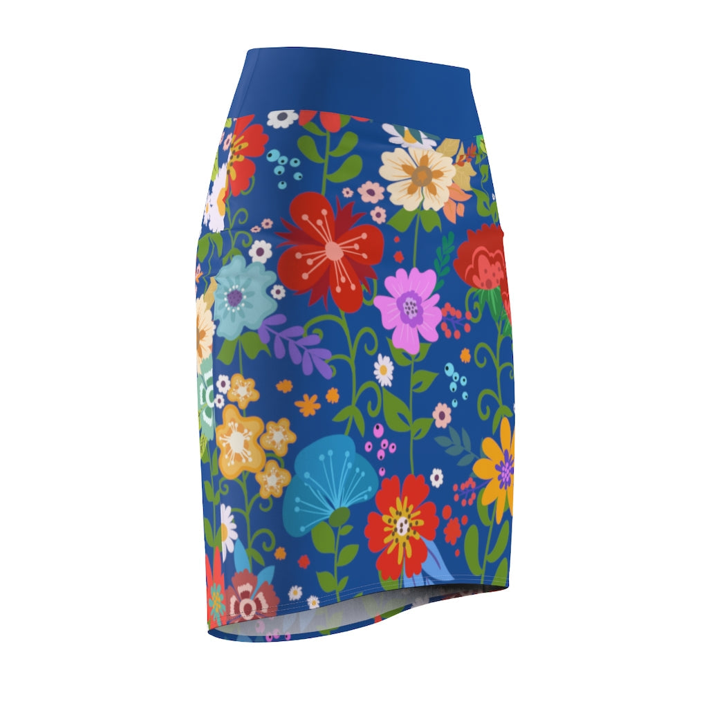 Womens Pencil Skirt, High Waist Stretch, Multicolor Floral Print, Blue