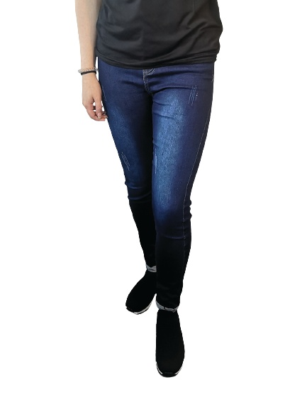 Blue distressed skinny jeans with a dark blue shade.
