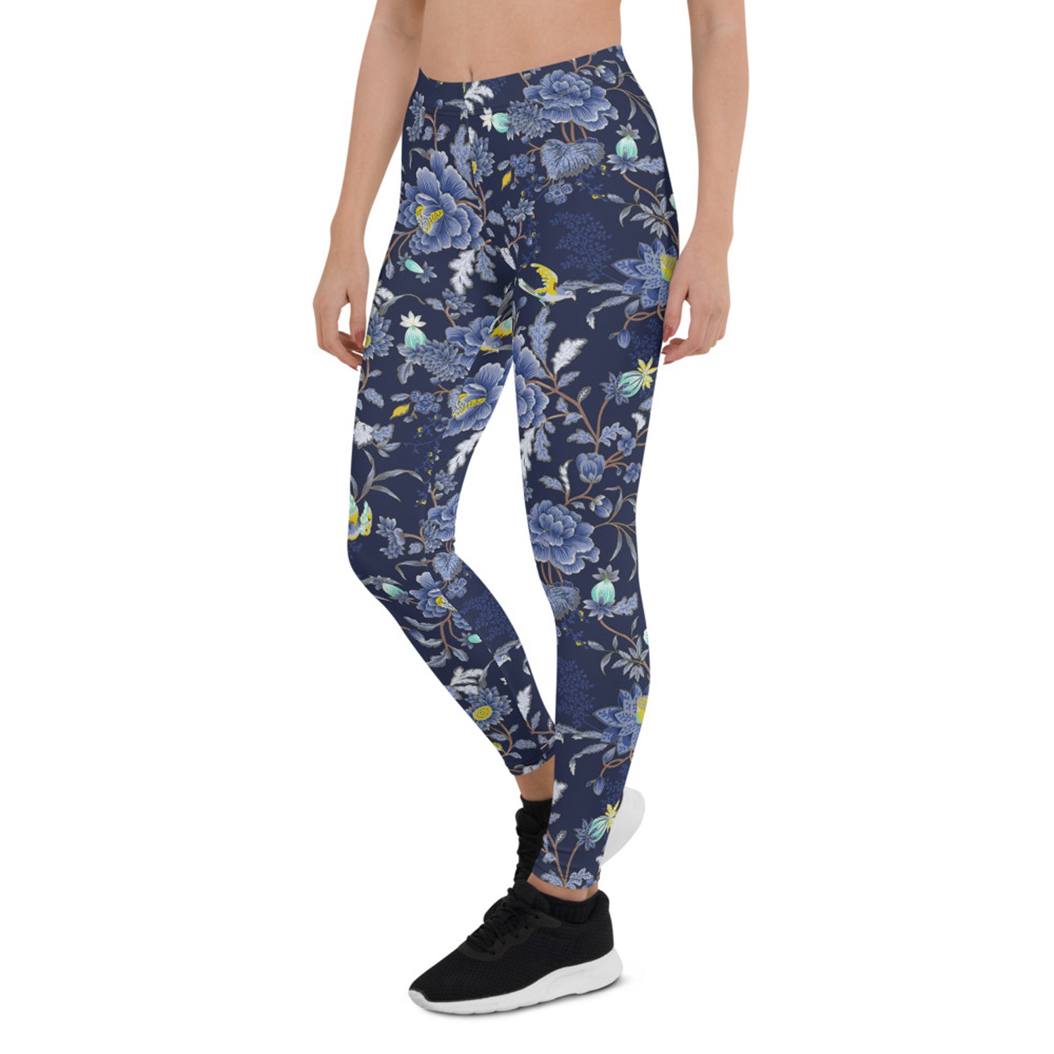 Oriental Floral Leggings on Navy Blue Background
