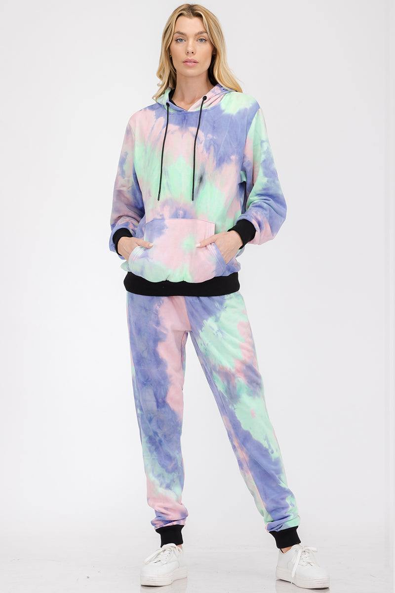 Womens cotton tie dye lounge wear sweat set with elastic waist, drawstring, and black contrast cuffs.