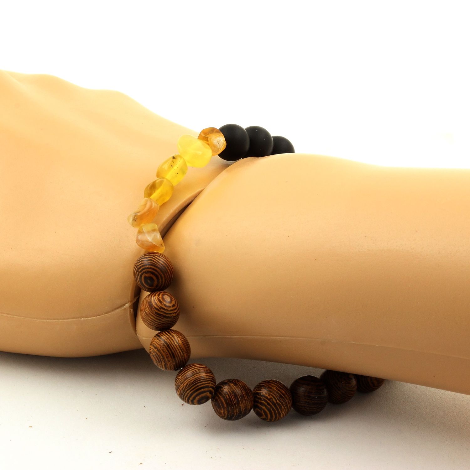 Yellow Opal + Matte black Onyx + wood Bracelet 8 mm Beads.