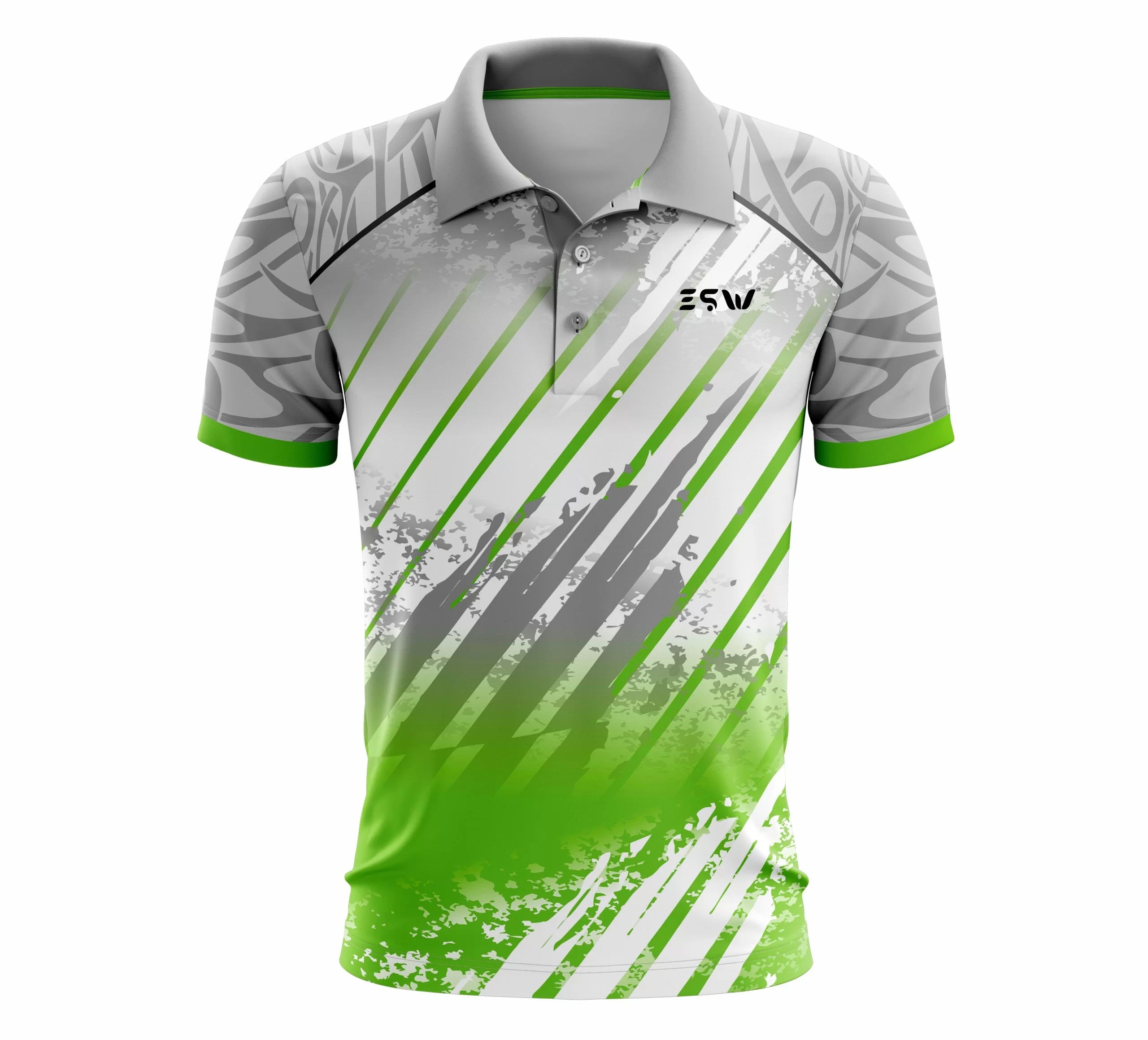 Men Geometric Print Polo Neck Polyester White Green T-Shirt