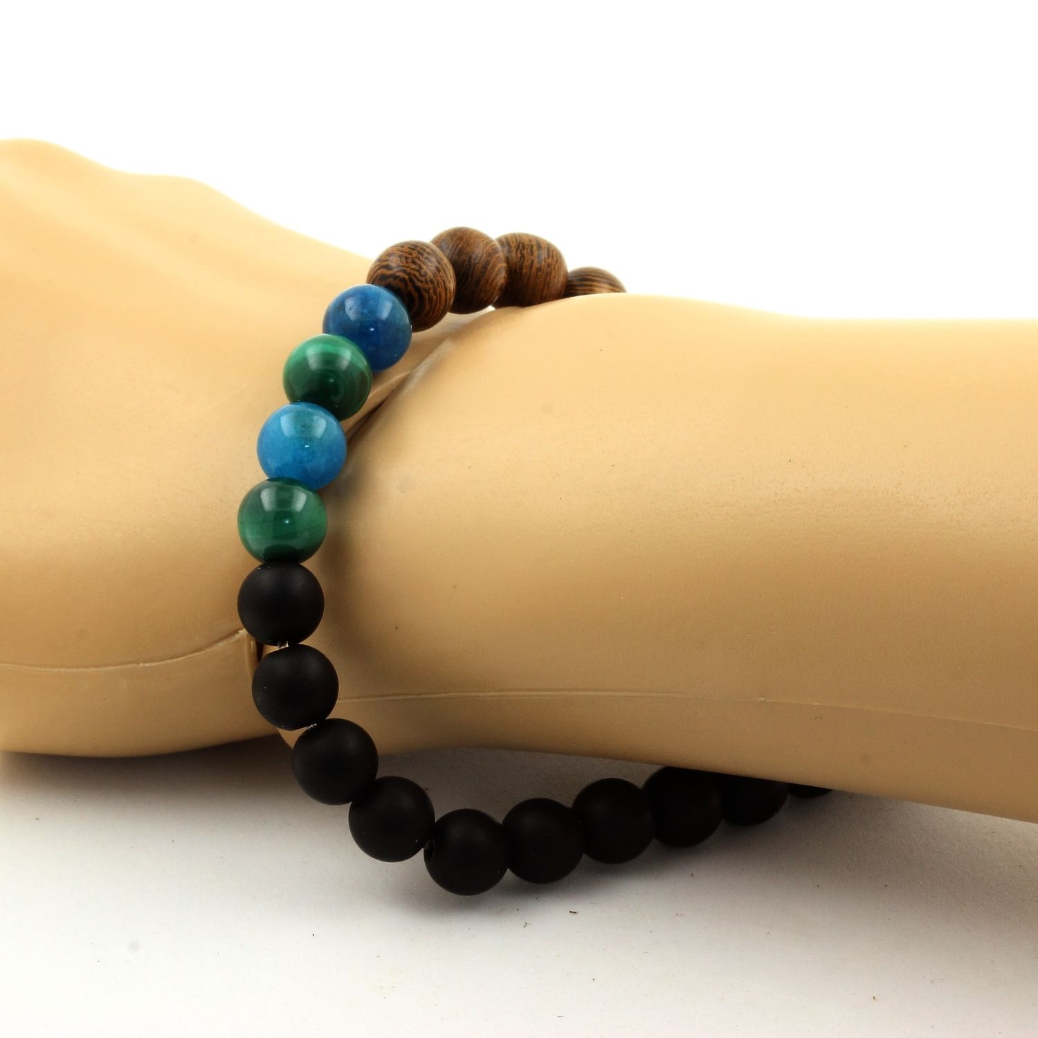 Malachite + Apatite + Matte Black Onyx + Wood Bracelet 8 mm Beads.