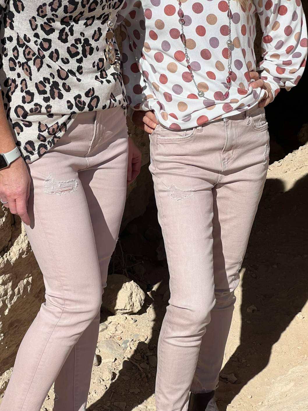 Ververt Peony distressed jeans with subtle rips, stretchy and soft fabric, styled with casual tops.