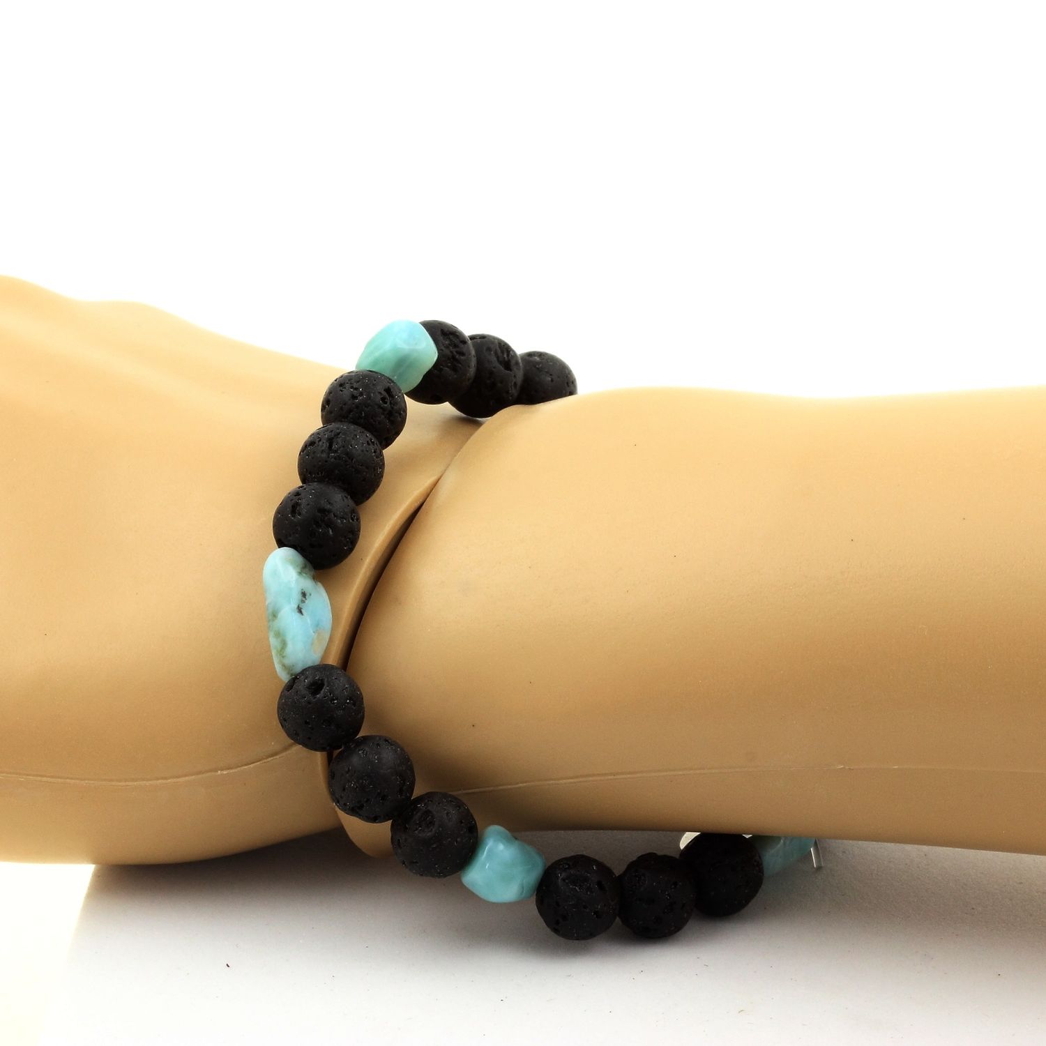 Larimar from Dominican Republic + Lava Bracelet 8 mm Beads.