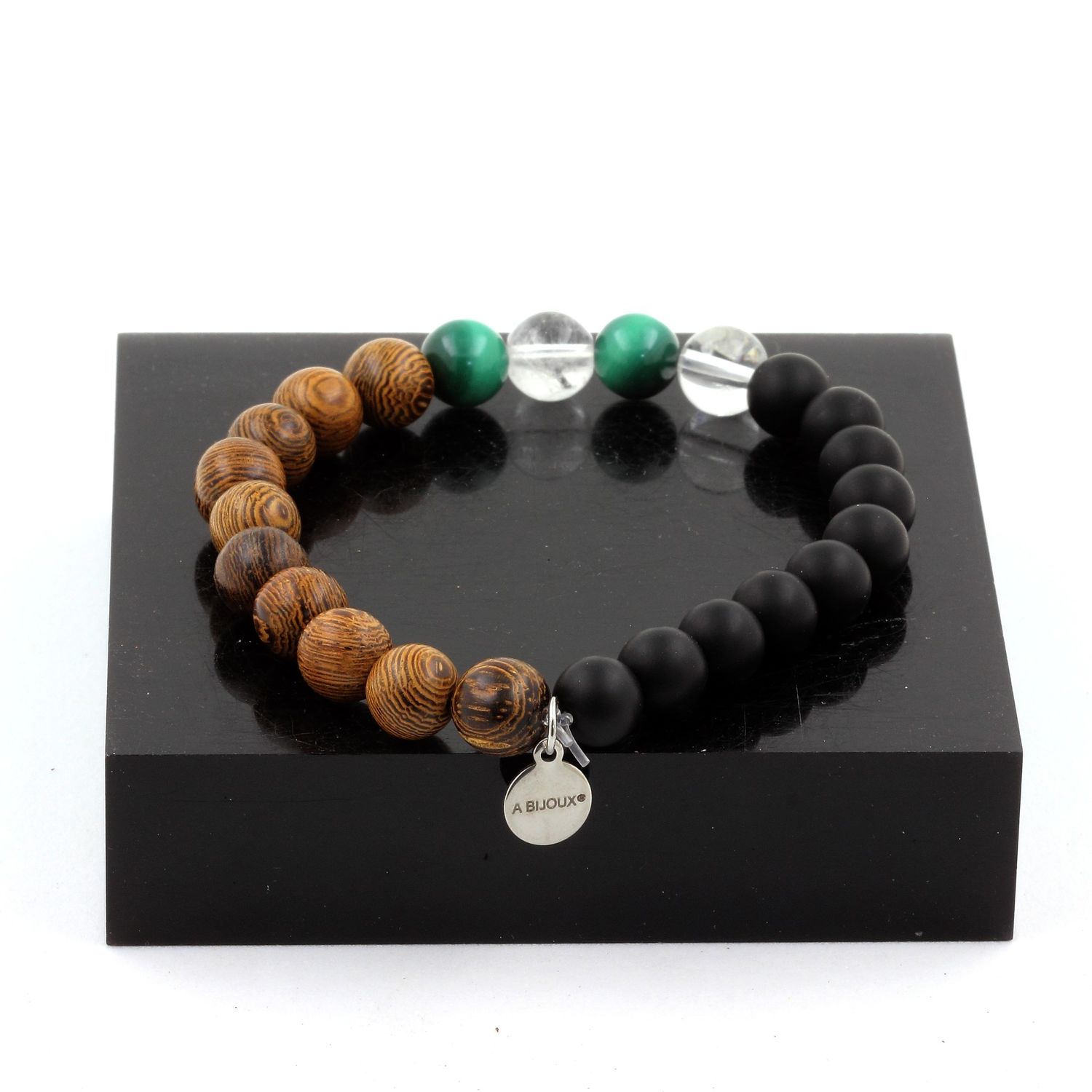 Malachite + Quartz + Matte Black Onyx + Wood Bracelet 8 mm Beads.