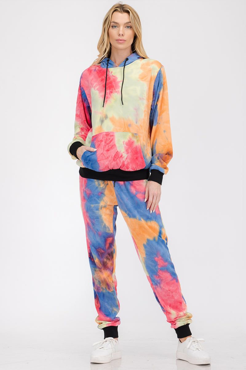 Womens cotton tie dye lounge wear sweat set with hoodie and pants, featuring black contrast cuffs and elastic waist.