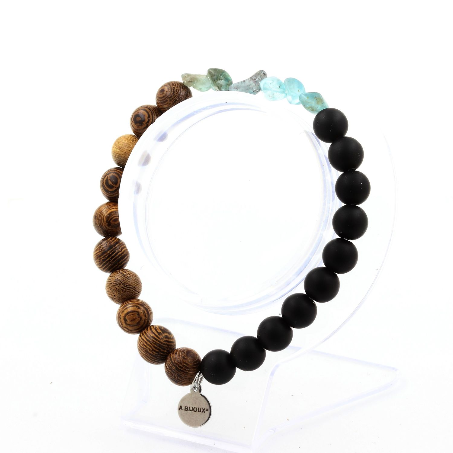 Apatite from Brazil + Matte Black Onyx + wood Bracelet 8 mm Beads.