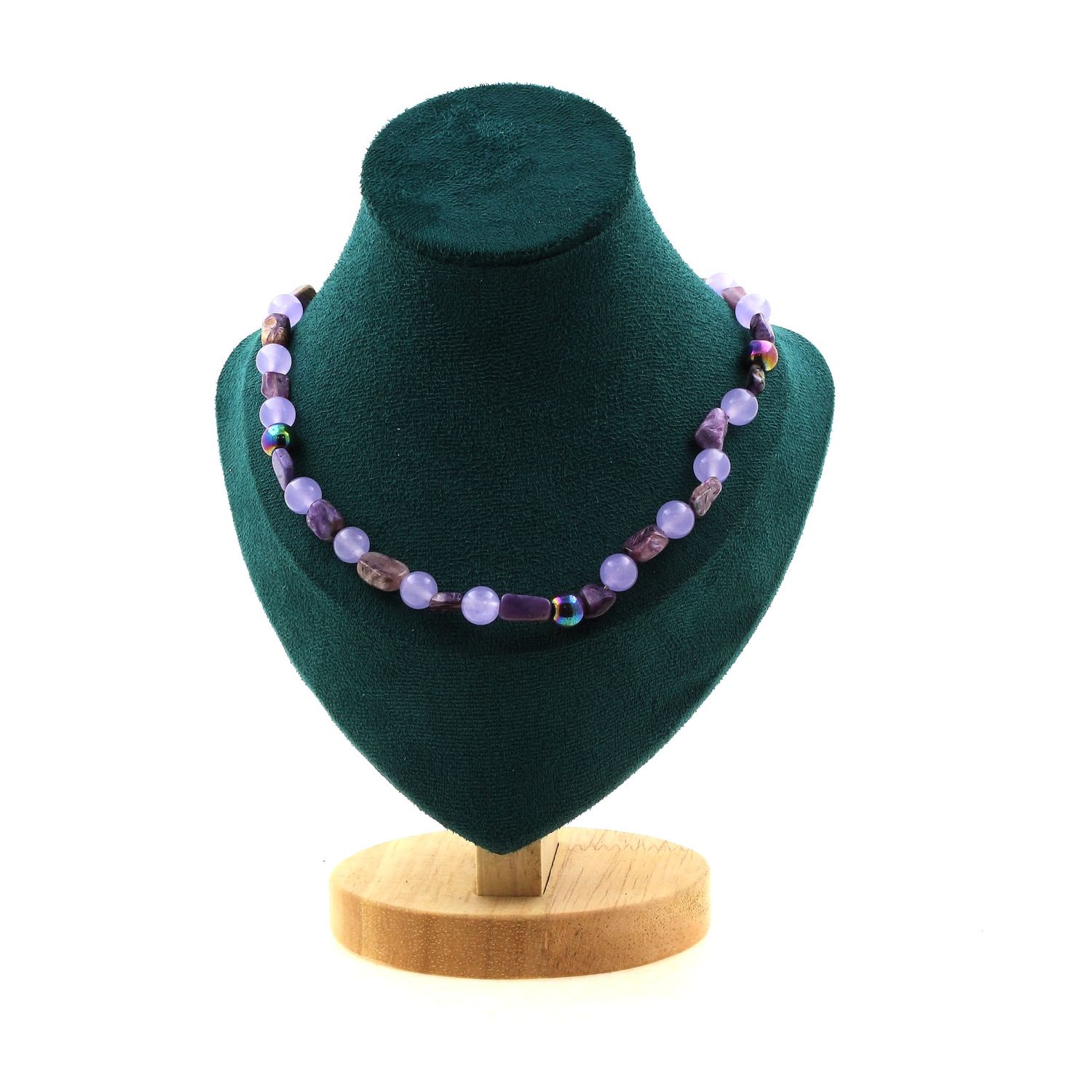 Charoite + Lavender Chalcedony + Hematite beads 8 mm necklace.