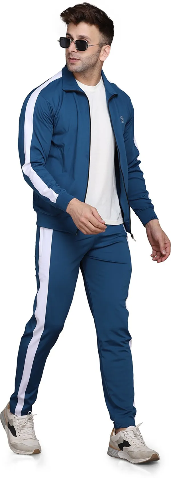 Light Blue Polyester Blend White Stripe Track suit for Men(Size-XL)