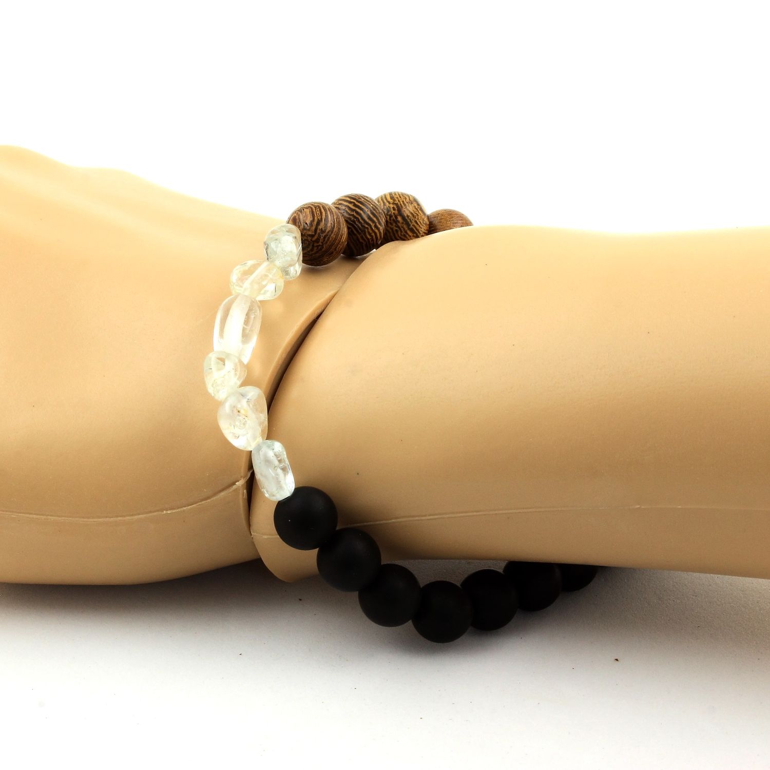 Topaz from Brazil + Matte Black Onyx + wood Bracelet 8 mm Beads.