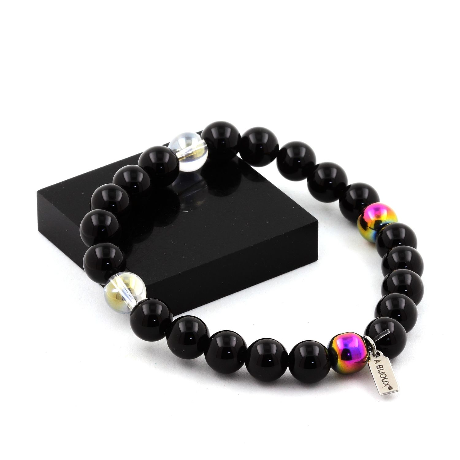 Black Agate + Titanium Quartz + Multicolor Hematite Bracelet