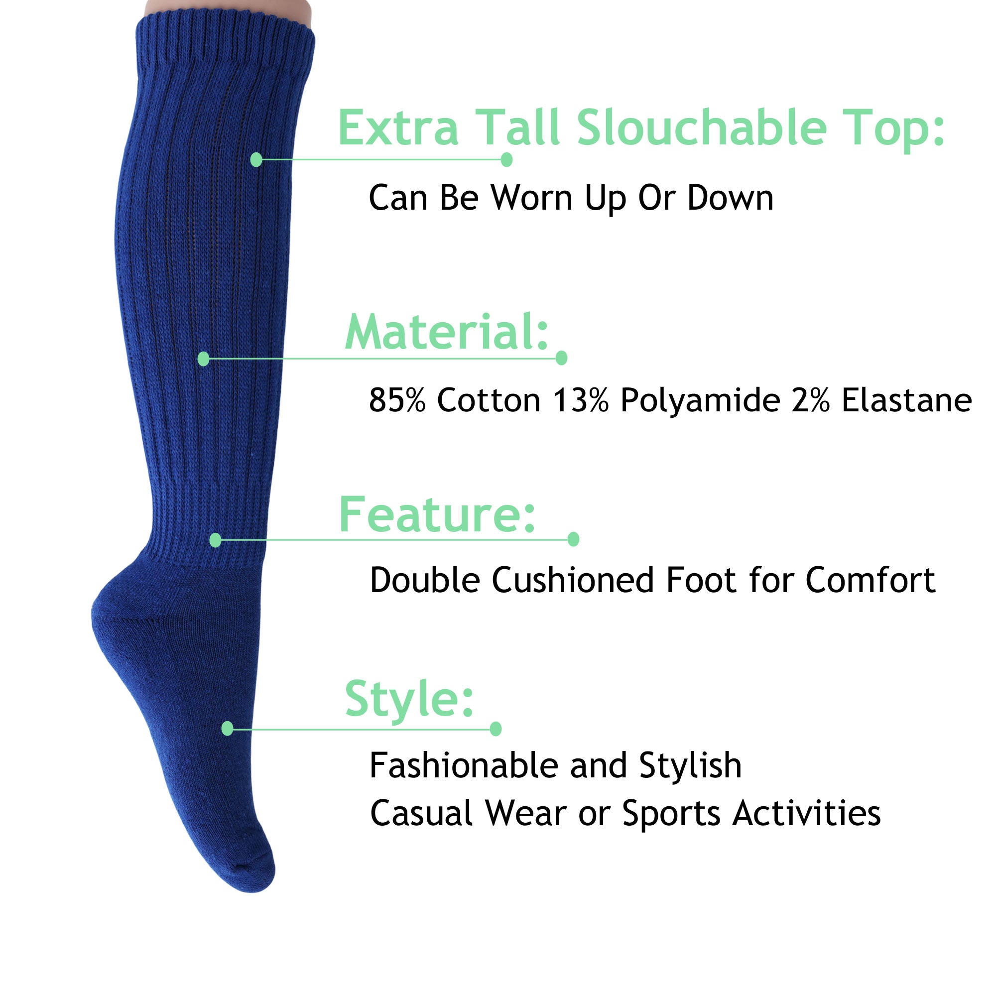 Royal Blue Heavy Slouch Socks for Women Cotton Scrunch Knee Socks