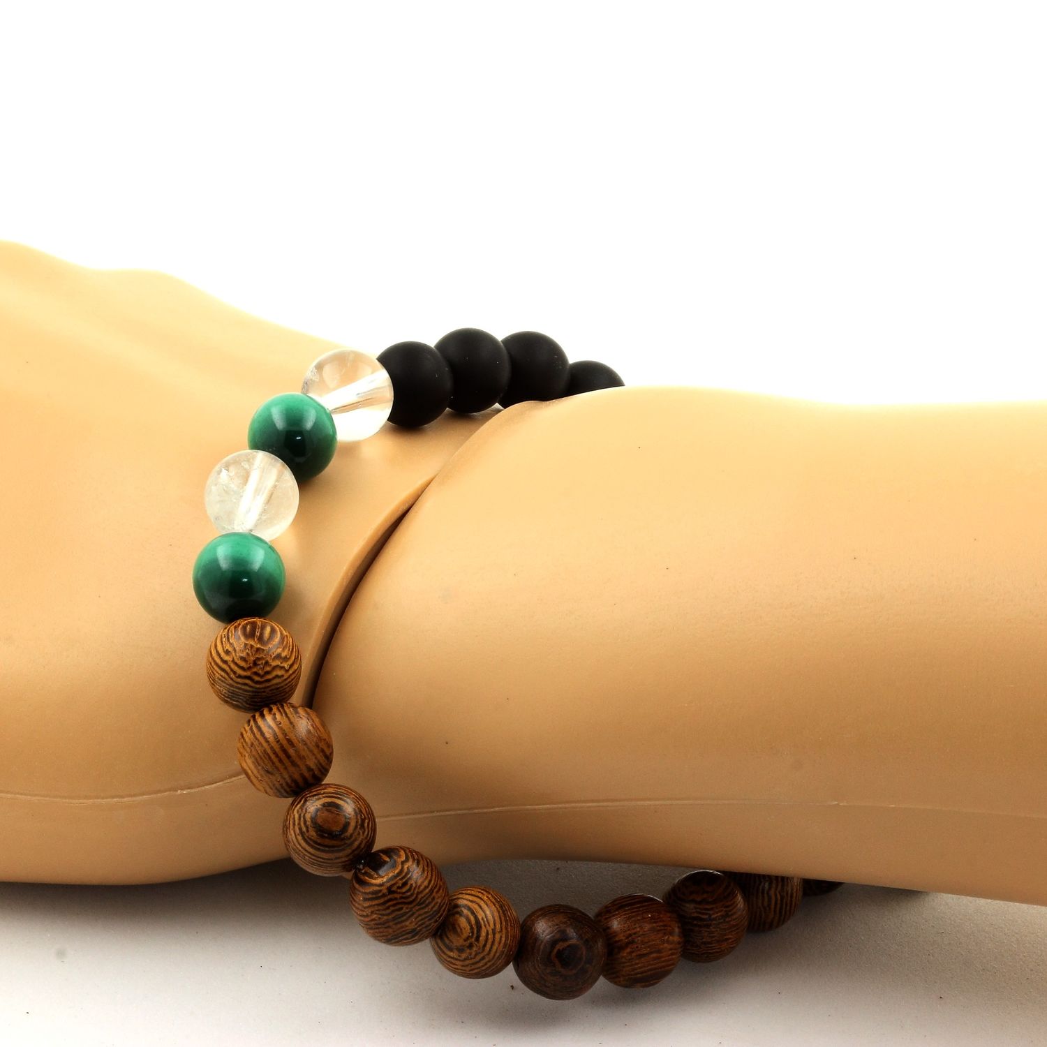 Malachite + Quartz + Matte Black Onyx + Wood Bracelet 8 mm Beads.