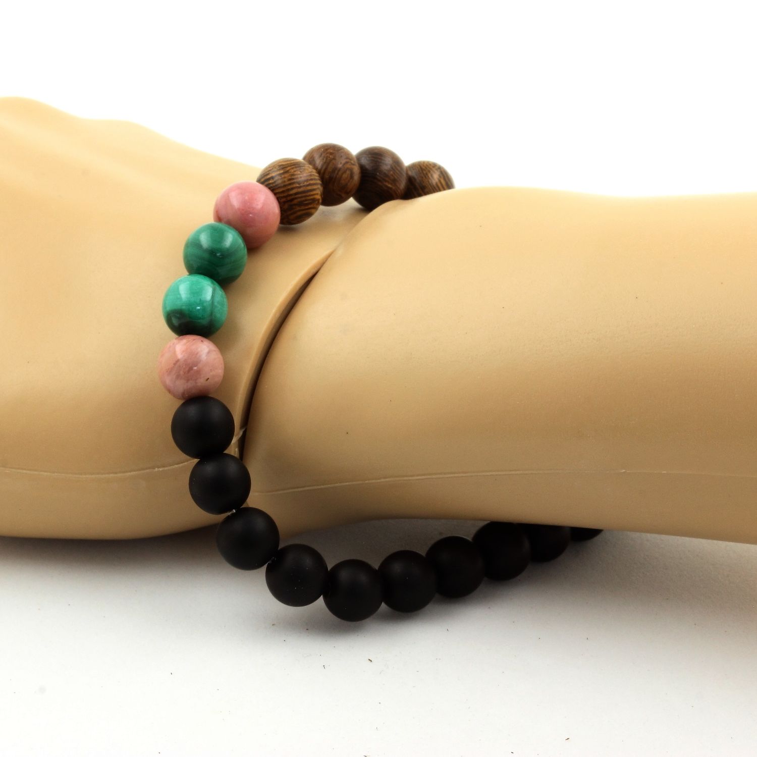 Malachite + Rhodonite + Matte Black Onyx + Wood Bracelet 8 mm Beads.