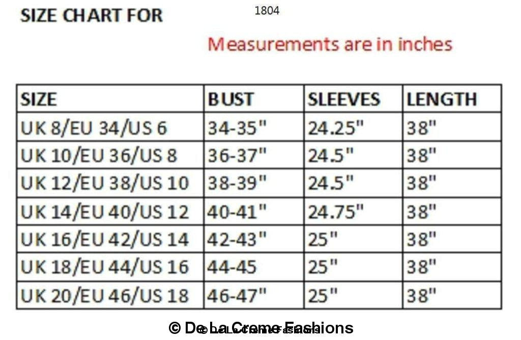 Size chart for De La Creme women&