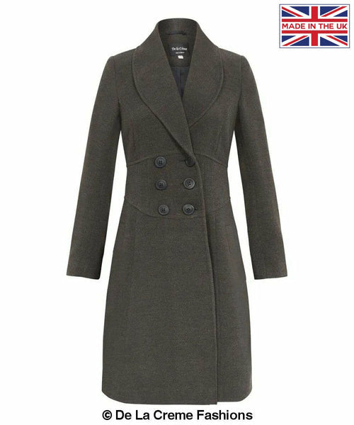 De La Creme womens slim fit double breasted roll collared coat, made in England.