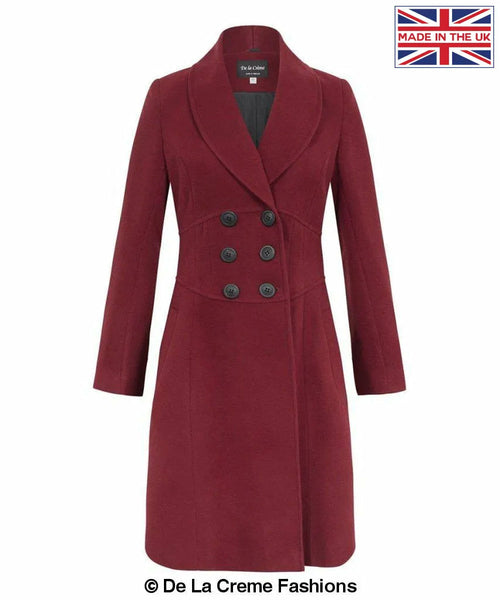 De La Creme Womens slim fit double breasted roll collared coat in wine color, made in England.