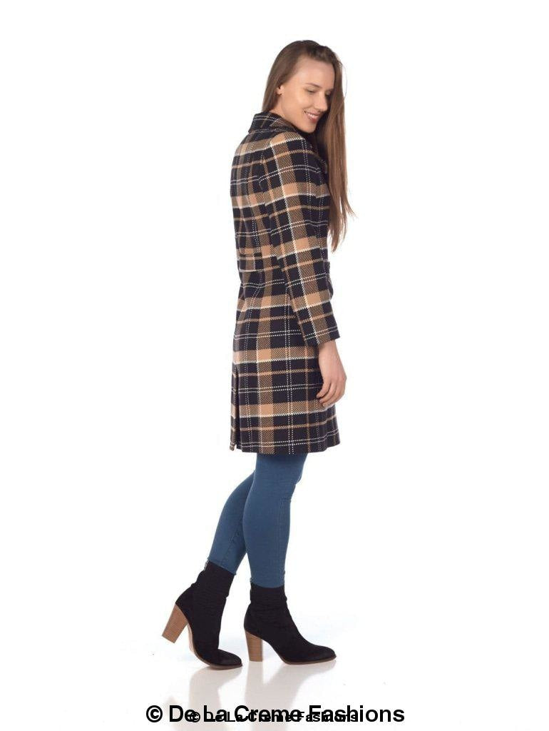 Wool Blend Tartan Check Double Breasted Coat