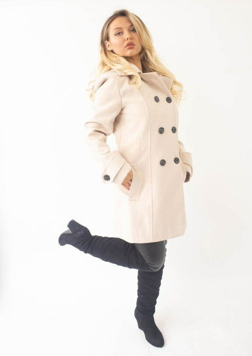 Womens wool feel double breasted hooded coat in bisque color with detachable hood and side pockets.
