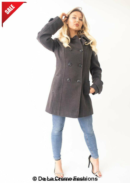 Womens wool feel double breasted hooded coat with detachable hood, available in black, bisque, grey, wine, and red.