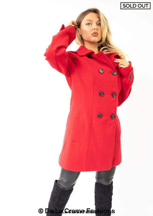 Womens double breasted red hooded coat, wool feel, featuring buttons and side pockets.