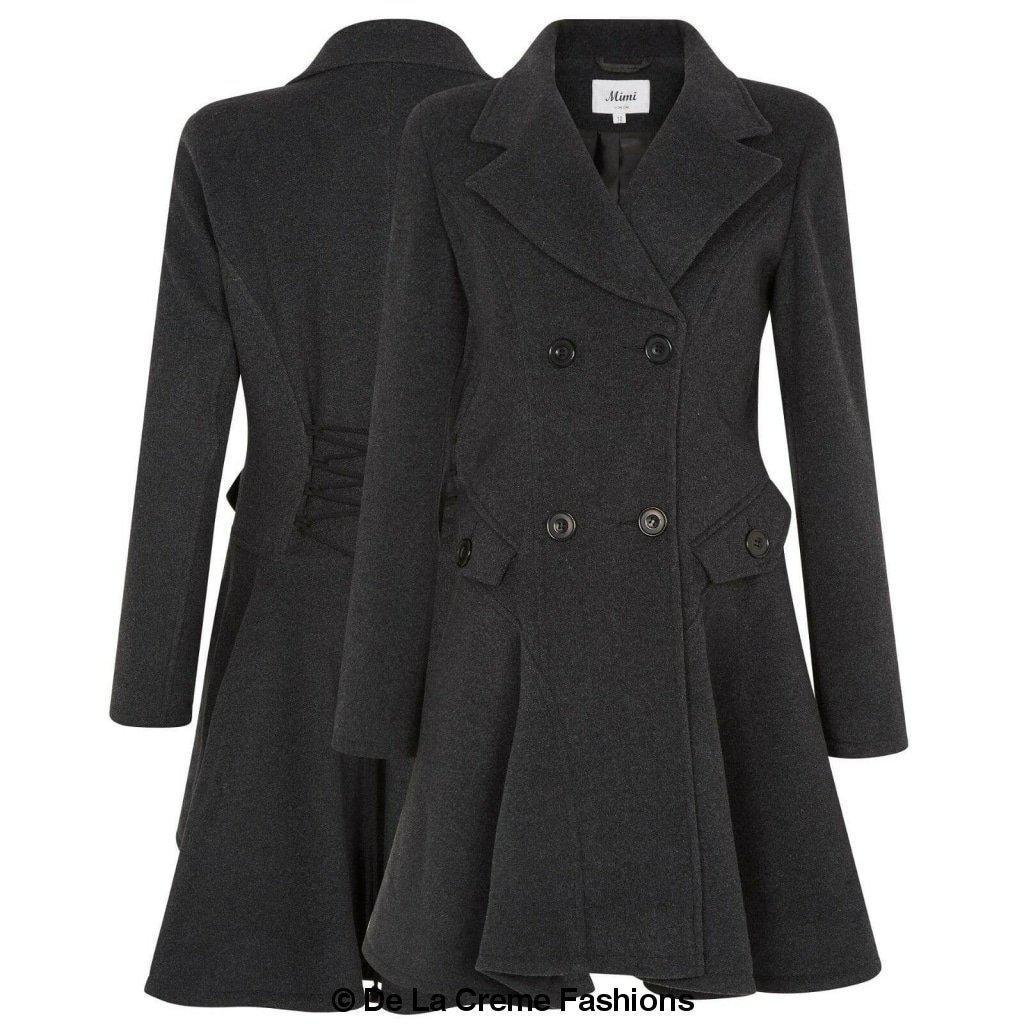 Wool blend double breasted skater coat in black, with side pockets and lace-up back, by De La Creme Fashions.