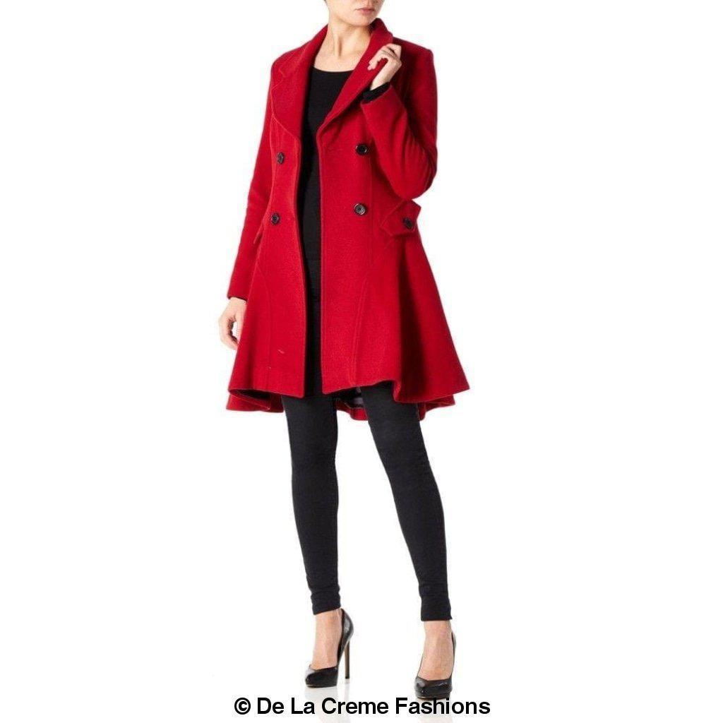 Wool Blend Double Breasted Skater Coat in red by De La Creme Fashions, featuring a tailored A-line design with side pockets and rear lace.