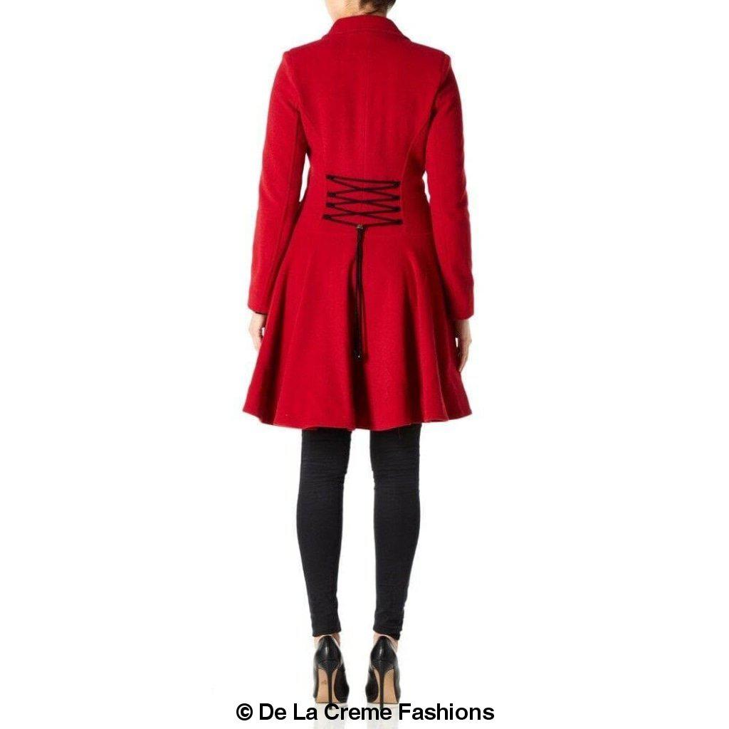 Red wool blend double breasted skater coat with rear lace detail and A-line shape by De La Creme Fashions.